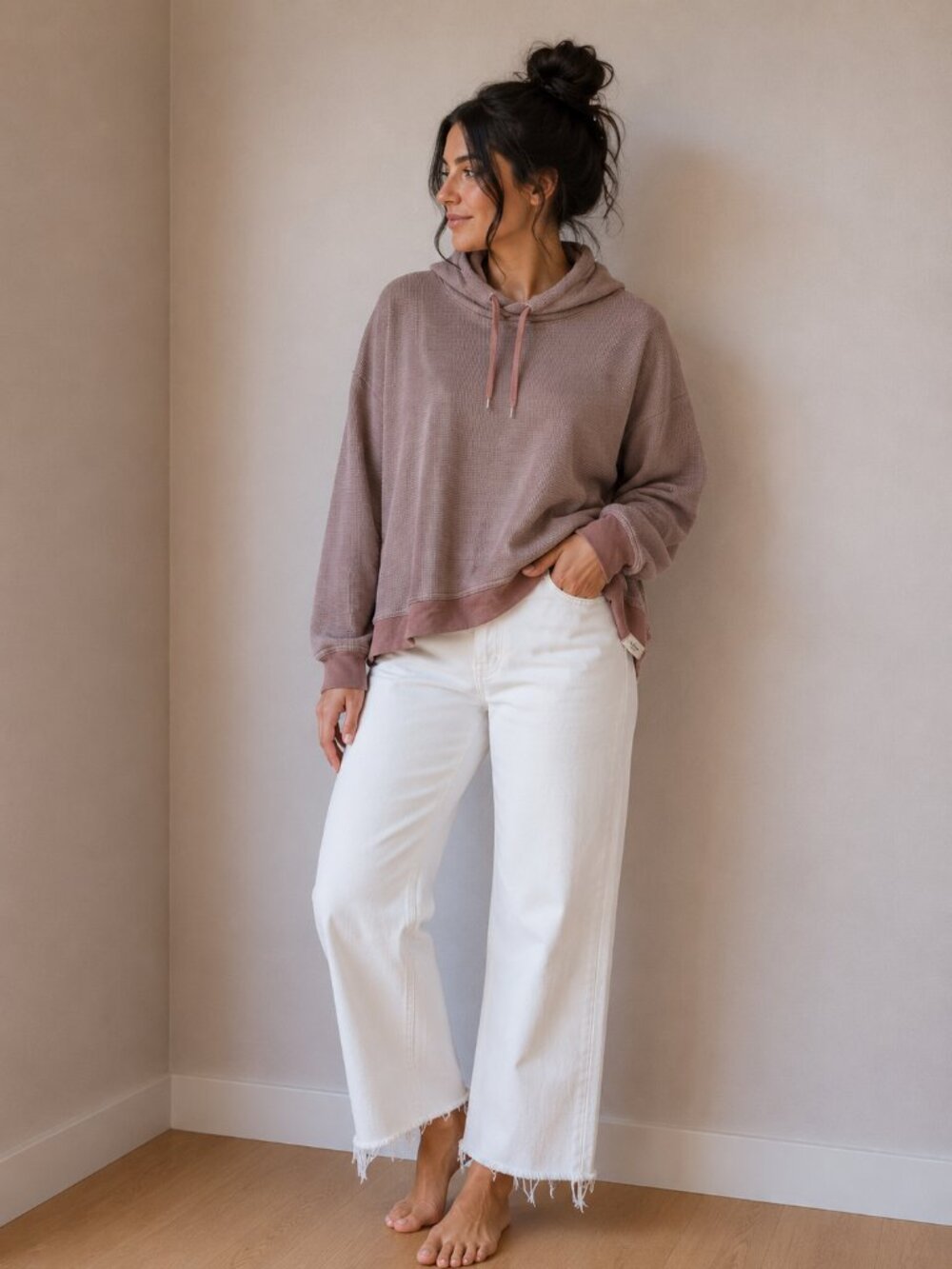 L.L. Bean Women's Mauve Waffle Hoodie with Dusty Rose Trim